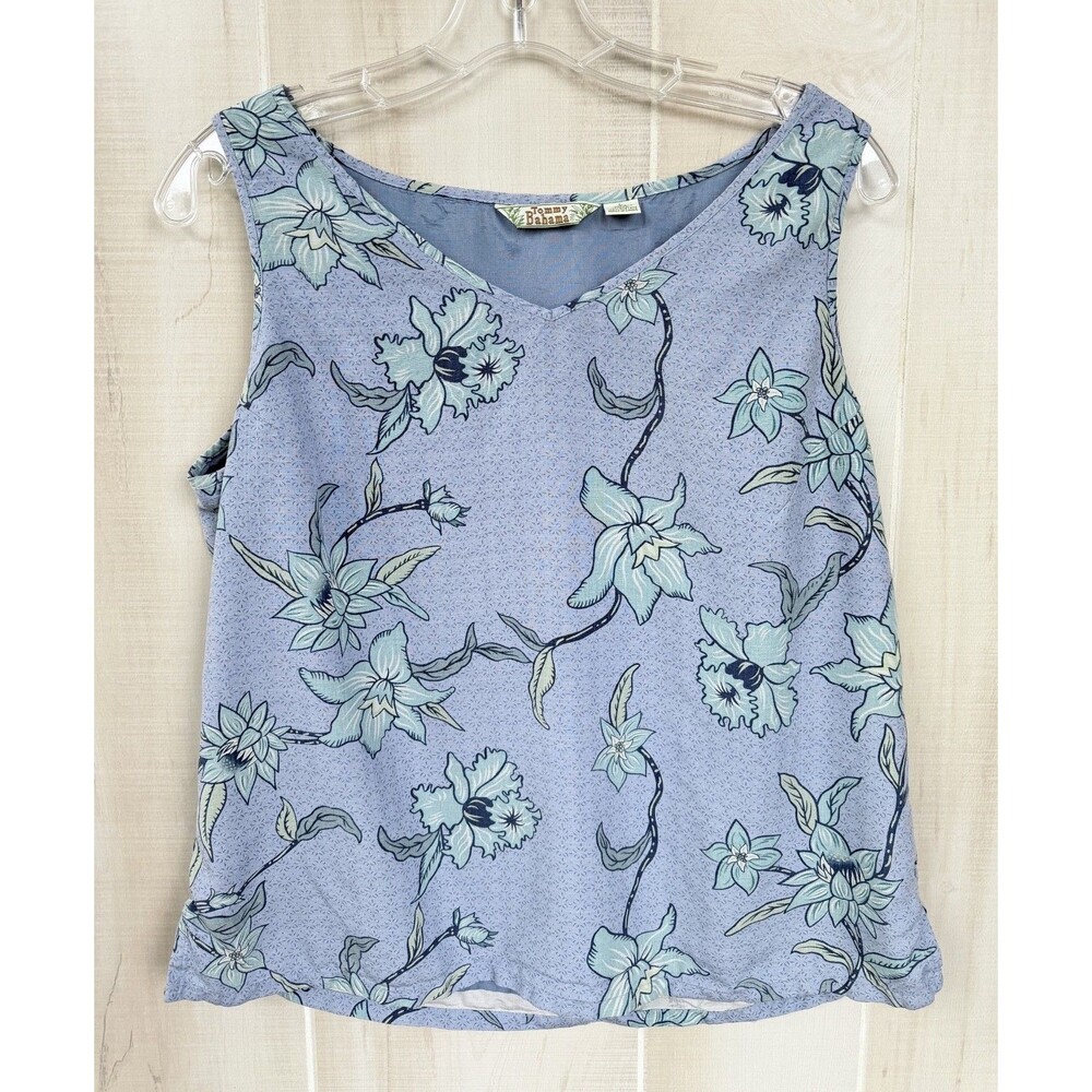 Tommy Bahama Blue Floral Silk Tank Top Womens Large V Neck Coastal Resort Summer